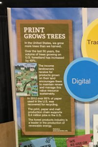 Photo of Print Grows Trees section of sustainability trade show booth