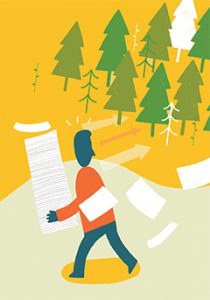 Illustrated graphic of paper and trees from TwoSidesna.org